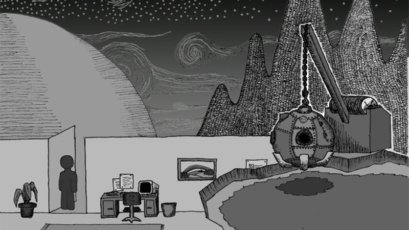 Paradox: a hand-drawn lab with a diving bell under a swirling night sky