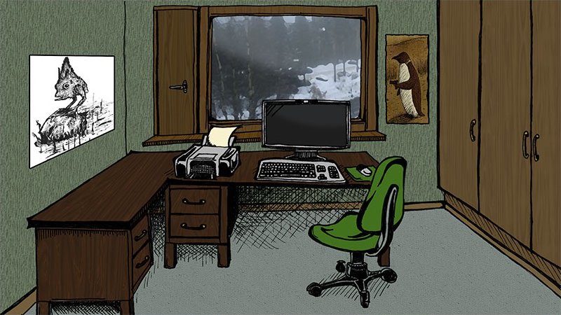 Scorpion Box: a hand-drawn room with a desk and computer