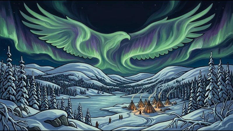 The North remaster: aurora shaped like an eagle over a snowy village